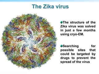 The structure of the
Zika virus was solved
in just a few months
using cryo-EM.
Searching for
possible sites that
could be targeted by
drugs to prevent the
spread of the virus
The Zika virus
 