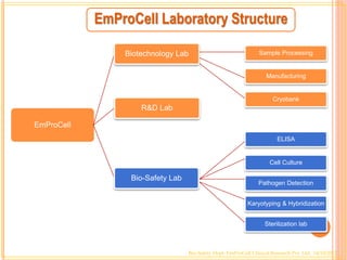 EmProCell Laboratory Structure
EmProCell
Biotechnology Lab
Bio-Safety Lab
R&D Lab
Sample Processing
Manufacturing
Cryobank
ELISA
Cell Culture
Pathogen Detection
Karyotyping & Hybridization
Sterilization lab
Bio-Safety Dept- EmProCell Clinical Research Pvt. Ltd. 14/10/2012
 