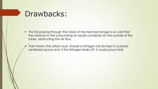 Drawbacks: 
 The N2 passing through the tubes of the heat exchanger is so cold that 
the moisture in the surrounding air would condense on the outside of the 
tubes, obstructing the air flow. 
 Then there's the safety issue. Should a nitrogen car be kept in a poorly 
ventilated space and, if the Nitrogen leaks off, it could prove fatal. 
 