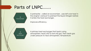 Parts of LNPC……. 
3) 
Economizer 
A preheater , called an economizer , uses left over heat in 
the engine’s exhaust to preheat the liquid nitrogen before 
it enters the heat exchanger. 
Improves efficiency. 
4) 
Heat 
exchanger 
A primary heat exchanger that heats (using 
atmospheric heat) LN2 to form N2 gas, then heats gas 
under pressure to near atmospheric temperature 
 