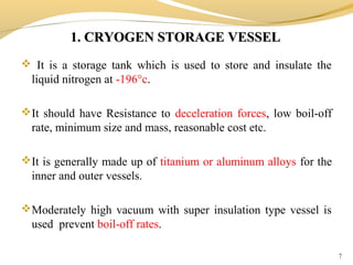 1. CRYOGEN STORAGE VESSEL1. CRYOGEN STORAGE VESSEL
7
 It is a storage tank which is used to store and insulate the
liquid nitrogen at -196°c.
It should have Resistance to deceleration forces, low boil-off
rate, minimum size and mass, reasonable cost etc.
It is generally made up of titanium or aluminum alloys for the
inner and outer vessels.
Moderately high vacuum with super insulation type vessel is
used prevent boil-off rates.
 