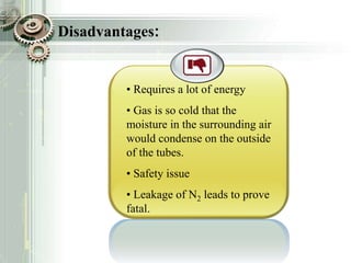 • Requires a lot of energy
• Gas is so cold that the
moisture in the surrounding air
would condense on the outside
of the tubes.
• Safety issue
• Leakage of N2 leads to prove
fatal.
Disadvantages:
 
