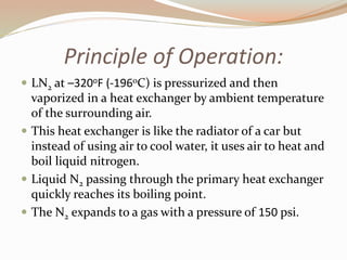Principle of Operation: 
 LN2 at –320oF (-196oC) is pressurized and then 
vaporized in a heat exchanger by ambient temperature 
of the surrounding air. 
 This heat exchanger is like the radiator of a car but 
instead of using air to cool water, it uses air to heat and 
boil liquid nitrogen. 
 Liquid N2 passing through the primary heat exchanger 
quickly reaches its boiling point. 
 The N2 expands to a gas with a pressure of 150 psi. 
 