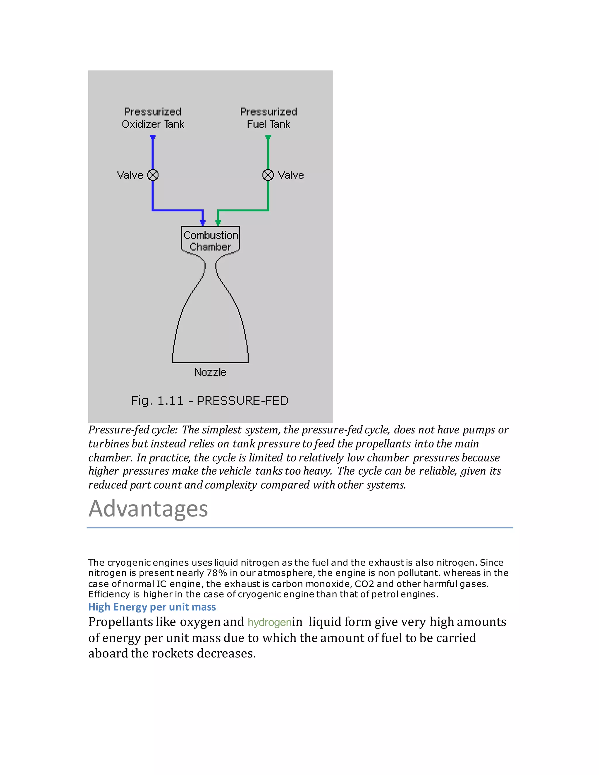 Pressure-fed cycle: The simplest system, the pressure-fed cycle, does not have pumps or
turbines but instead relies on tank pressure to feed the propellants into the main
chamber. In practice, the cycle is limited to relatively low chamber pressures because
higher pressures make the vehicle tanks too heavy. The cycle can be reliable, given its
reduced part count and complexity compared with other systems.
Advantages
The cryogenic engines uses liquid nitrogen as the fuel and the exhaust is also nitrogen. Since
nitrogen is present nearly 78% in our atmosphere, the engine is non pollutant. whereas in the
case of normal IC engine, the exhaust is carbon monoxide, CO2 and other harmful gases.
Efficiency is higher in the case of cryogenic engine than that of petrol engines.
High Energy per unit mass
Propellants like oxygen and hydrogenin liquid form give very high amounts
of energy per unit mass due to which the amount of fuel to be carried
aboard the rockets decreases.
 