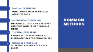 MANUAL DEBURRING
1
2 MECHANICAL DEBURRING
3 THERMAL DEBURRING
COMMON
METHODS
CHEMICAL DEBURRING
4
USING TOOLS SUCH AS FILES OR
ABRASIVE PADS.
MECHANICAL TOOLS, LIKE BRUSHES,
GRINDING WHEELS, OR TUMBLING
MEDIA
CAUSED BY THE IGNITION OF A
FLAMMABLE GAS TO REMOVE BURRS
SELECTIVELY DISSOLVE OR ETCH
BURRS
 