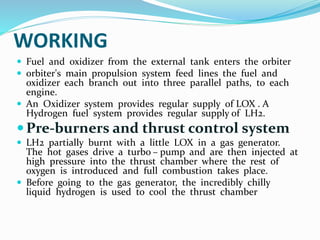 WORKING
 Fuel and oxidizer from the external tank enters the orbiter
 orbiter's main propulsion system feed lines the fuel and
oxidizer each branch out into three parallel paths, to each
engine.
 An Oxidizer system provides regular supply of LOX . A
Hydrogen fuel system provides regular supply of LH2.
Pre-burners and thrust control system
 LH2 partially burnt with a little LOX in a gas generator.
The hot gases drive a turbo – pump and are then injected at
high pressure into the thrust chamber where the rest of
oxygen is introduced and full combustion takes place.
 Before going to the gas generator, the incredibly chilly
liquid hydrogen is used to cool the thrust chamber
 
