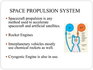 SPACE PROPULSION SYSTEM
 Spacecraft propulsion is any
method used to accelerate
spacecraft and artificial satellites.
 Rocket Engines
 Interplanetary vehicles mostly
use chemical rockets as well.
 Cryogenic Engine is also in use.
 