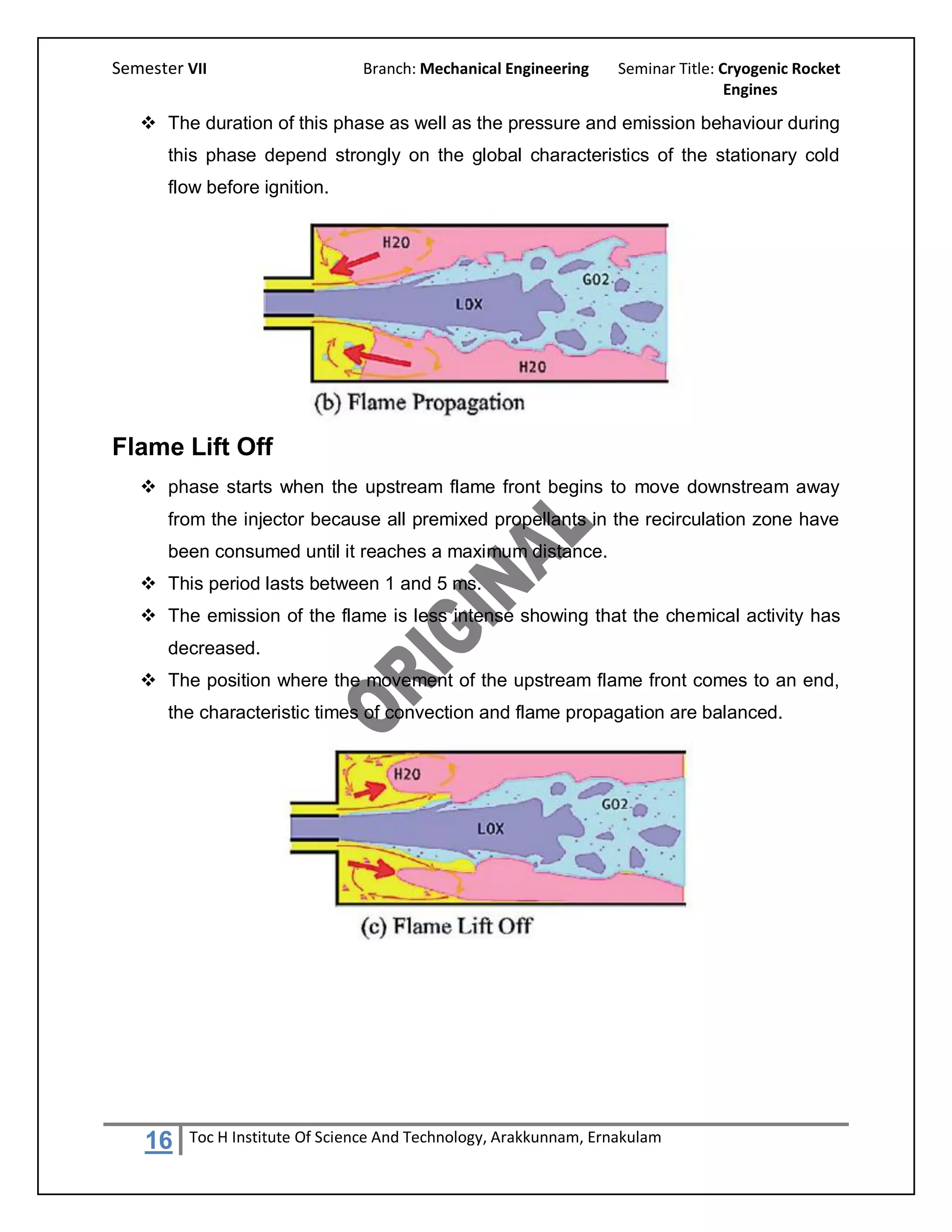 Semester VII                    Branch: Mechanical Engineering     Seminar Title: Cryogenic Rocket
                                                                                   Engines

    The duration of this phase as well as the pressure and emission behaviour during
       this phase depend strongly on the global characteristics of the stationary cold
       flow before ignition.




Flame Lift Off
    phase starts when the upstream flame front begins to move downstream away
       from the injector because all premixed propellants in the recirculation zone have
       been consumed until it reaches a maximum distance.
    This period lasts between 1 and 5 ms.
    The emission of the flame is less intense showing that the chemical activity has
       decreased.
    The position where the movement of the upstream flame front comes to an end,
       the characteristic times of convection and flame propagation are balanced.




    16   Toc H Institute Of Science And Technology, Arakkunnam, Ernakulam
 