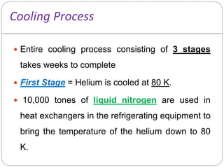 Cooling Process
 Entire cooling process consisting of 3 stages
takes weeks to complete
 First Stage = Helium is cooled at 80 K.
 10,000 tones of liquid nitrogen are used in
heat exchangers in the refrigerating equipment to
bring the temperature of the helium down to 80
K.
 