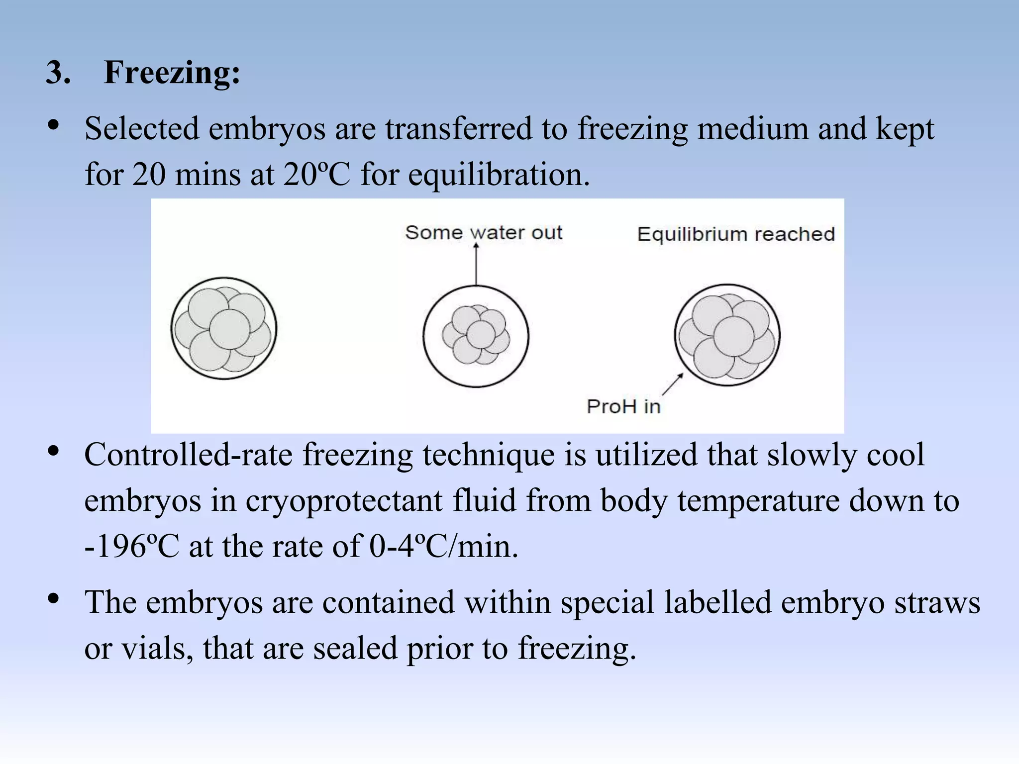 3. Freezing:
• Selected embryos are transferred to freezing medium and kept
for 20 mins at 20ºC for equilibration.
• Controlled-rate freezing technique is utilized that slowly cool
embryos in cryoprotectant fluid from body temperature down to
-196ºC at the rate of 0-4ºC/min.
• The embryos are contained within special labelled embryo straws
or vials, that are sealed prior to freezing.
 