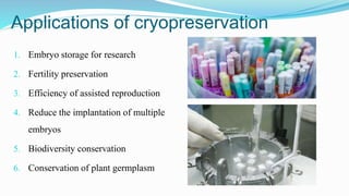 Applications of cryopreservation
1. Embryo storage for research
2. Fertility preservation
3. Efficiency of assisted reproduction
4. Reduce the implantation of multiple
embryos
5. Biodiversity conservation
6. Conservation of plant germplasm
 