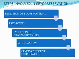 STEPS INVOLVED IN CRYOPRESERVATION
SELECTION OF PLANT MATERIAL
PREGROWTH
ADDITION OF
CRYOPROTECTANTS
VITRIFICATION
CRYOPROTTECTIVE
DEHYDRATION
15
 