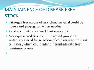 MAINTAINENCE OF DISEASE FREE
STOCK
 Pathogen free stocks of rare plant material could be
frozen and propagated when needed.
 Cold acclimatization and frost resistance
 A cryopreserved tissue culture would provide a
suitable material for selection of cold resistant mutant
cell lines , which could later differentiate into frost
resistance plants.

45
 