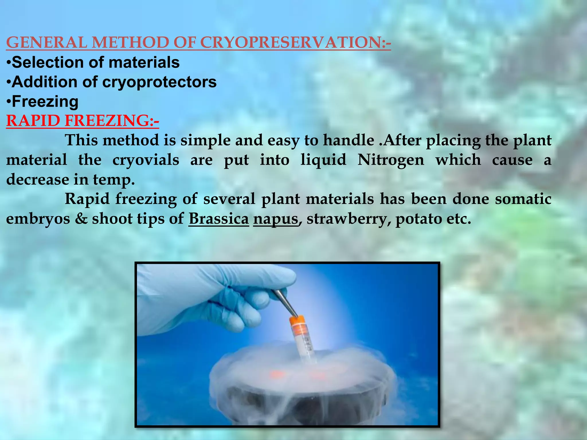 GENERAL METHOD OF CRYOPRESERVATION:-
•Selection of materials
•Addition of cryoprotectors
•Freezing
RAPID FREEZING:-
This method is simple and easy to handle .After placing the plant
material the cryovials are put into liquid Nitrogen which cause a
decrease in temp.
Rapid freezing of several plant materials has been done somatic
embryos & shoot tips of Brassica napus, strawberry, potato etc.
 