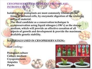 CRYOPRESERVATION OF PLANT PROTOPLAST:-
INTRODUCTION:-
Isolated plant protoplasts are most commonly liberated from
tissue or cultured cells, by enzymatic digestion of the retaining
cell wall material.
The ideal candidate as a conservation technique is
cryopreservation using liquid nitrogen (-196ºc) as the storage
medium, which will provide an effective cessation of all
aspects of growth and development & provide the maximum
available genetic stability.
MATERIALS USED IN CRYOPRESERVATION:-
Slow cooling:-
Protoplast culture
Culture medium
Cryoprotectants
Ampules
Pipets
 