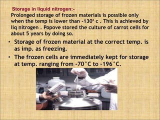 Storage in liquid nitrogen:-
Prolonged storage of frozen materials is possible only
when the temp is lower than -130° c . This is achieved by
liq nitrogen . Popove stored the culture of carrot cells for
about 5 years by doing so.
• Storage of frozen material at the correct temp. is
as imp. as freezing.
• The frozen cells are immediately kept for storage
at temp. ranging from -70°C to -196°C.
 