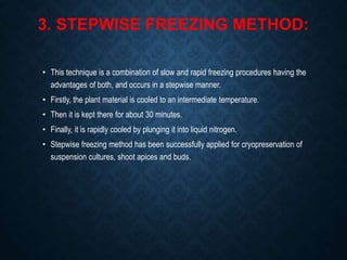 3. STEPWISE FREEZING METHOD:
• This technique is a combination of slow and rapid freezing procedures having the
advantages of both, and occurs in a stepwise manner.
• Firstly, the plant material is cooled to an intermediate temperature.
• Then it is kept there for about 30 minutes.
• Finally, it is rapidly cooled by plunging it into liquid nitrogen.
• Stepwise freezing method has been successfully applied for cryopreservation of
suspension cultures, shoot apices and buds.
 