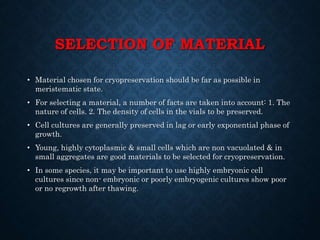SELECTION OF MATERIAL
• Material chosen for cryopreservation should be far as possible in
meristematic state.
• For selecting a material, a number of facts are taken into account: 1. The
nature of cells. 2. The density of cells in the vials to be preserved.
• Cell cultures are generally preserved in lag or early exponential phase of
growth.
• Young, highly cytoplasmic & small cells which are non vacuolated & in
small aggregates are good materials to be selected for cryopreservation.
• In some species, it may be important to use highly embryonic cell
cultures since non- embryonic or poorly embryogenic cultures show poor
or no regrowth after thawing.
 