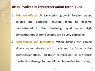 Risks involved in cryopreservation techniques
 Solution effects: As ice crystals grow in freezing water,
solutes are excluded, causing them to become
concentrated in the remaining liquid water. High
concentrations of some solutes can be very damaging.
 Extracellular ice formation: When tissues are cooled
slowly, water migrates out of cells and ice forms in the
extracellular space. Too much extracellular ice can cause
mechanical damage to the cell membrane due to crushing.
6-Jul-17 14
 