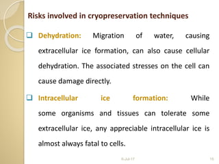  Dehydration: Migration of water, causing
extracellular ice formation, can also cause cellular
dehydration. The associated stresses on the cell can
cause damage directly.
 Intracellular ice formation: While
some organisms and tissues can tolerate some
extracellular ice, any appreciable intracellular ice is
almost always fatal to cells.
6-Jul-17 15
Risks involved in cryopreservation techniques
 