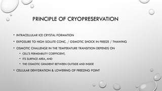 PRINCIPLE OF CRYOPRESERVATION
• INTRACELLULAR ICE CRYSTAL FORMATION
• EXPOSURE TO HIGH SOLUTE CONC. / OSMOTIC SHOCK IN FREEZE / THAWING
• OSMOTIC CHALLENGE IN THE TEMPERATURE TRANSITION DEPENDS ON
• CELL'S PERMEABILITY COEFFICIENT,
• ITS SURFACE AREA, AND
• THE OSMOTIC GRADIENT BETWEEN OUTSIDE AND INSIDE
• CELLULAR DEHYDRATION & LOWERING OF FREEZING POINT
 