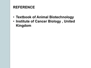 REFERENCE
• Textbook of Animal Biotechnology
• Institute of Cancer Biology , United
Kingdom
 