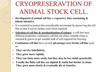 CRYOPRESERAVTION OF
ANIMAL STOCK CELL.
 Development of animal cell line is expensive, time consuming &
labour intensive.
 It is essential to protect this considerable investment by preserving the cell
line so that it can be further used when required.
 Selection of cell line & standardization of culture: A cell line have
different properties; continuous cell line are clone; suitable clone is
selected & grown to get suitable bulk of cell required for freezing.
 Continuous cell line have several advantages over fertile cell line such
as:
1. They survive indefinitely.
2. They grow more rapidly.
3. They can clone more easily, but they may be less stable genetically.
4. Usually the finite cell line are diploid & stable but harder to clone.
They grow more slowly & eventually die or transfer.
 