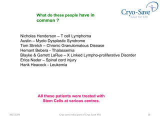06/16/09 Cryo-save India (part of Cryo-Save NV) What do these people  have in common ? Nicholas Henderson – T cell Lymphoma Austin – Myelo Dysplastic Syndrome Tom Stretch – Chronic Granulomatous Disease Hemant Bebera - Thalassemia Blayke & Garrett LaRue  – X Linked Lympho-proliferative Disorder Erica Nader  – Spinal cord injury Hank Heacock - Leukemia All these patients were treated with Stem Cells at various centres. 
