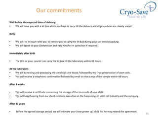 Our commitments Well before the expected date of delivery:  We will issue you with a kit box which you have to carry till the delivery and all procedures are clearly stated.   Birth We will  be in touch with you  to remind you to carry the kit box during your last minute packing. We will speak to your Obstetrician and help him/her in collection if required.    Immediately after birth The DHL or your  courier can carry the kit box till the laboratory within 48 hours.  At the laboratory   We will be testing and processing the umbilical cord blood, followed by the cryo-preservation of stem cells .  You will receive a telephonic confirmation followed by email on the status of the sample within 48 hours. After 4 weeks You will receive a certificate concerning the storage of the stem cells of your child. You will keep hearing from our client relations executive on the happenings in stem cell industry and the company .   After 21 years Before the agreed storage period, we will intimate your (now grown up) child  for he may extend the agreement.  