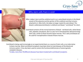 Cryo-save India (part of Cryo-Save NV) Why stem cells from U cord After a baby is born and the umbilical cord is cut, some blood remains in the blood vessels of the placenta and the portion of the umbilical cord that remains attached to it. After birth, the baby no longer needs this extra blood. This blood is called placental blood or umbilical cord blood: "cord blood" for short.  Cord blood contains all the normal elements of blood - red blood cells, white blood cells, platelets and plasma. But it is also rich in hematopoietic (blood-forming) stem cells, similar to those found in bone marrow. This is why cord blood can be used for transplantation instead of bone marrow. Cord blood is being used increasingly on an experimental basis as a source of stem cells, as an alternative to bone marrow. Most cord blood transplants have been done to treat diseases of the blood and immune system. It has also been used to restore the functional deficiencies of several genetic metabolic diseases.  To date, more than 70 different diseases have been treated with cord blood transplants. 