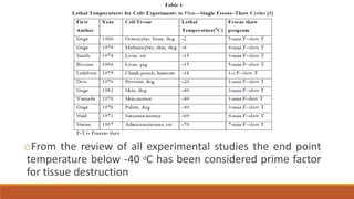 oFrom the review of all experimental studies the end point 
temperature below -40 0C has been considered prime factor 
for tissue destruction 
 