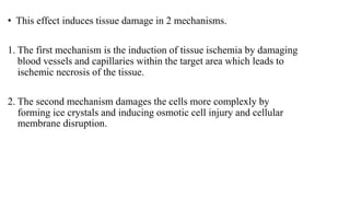 • This effect induces tissue damage in 2 mechanisms.
1. The first mechanism is the induction of tissue ischemia by damaging
blood vessels and capillaries within the target area which leads to
ischemic necrosis of the tissue.
2. The second mechanism damages the cells more complexly by
forming ice crystals and inducing osmotic cell injury and cellular
membrane disruption.
 