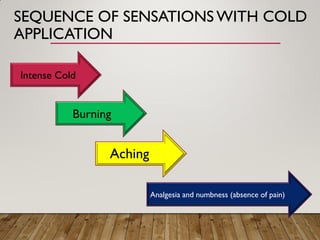 SEQUENCE OF SENSATIONS WITH COLD
APPLICATION
Intense Cold
Burning
Aching
Analgesia and numbness (absence of pain)
 
