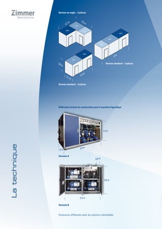Variante B
2,0 m
0,9 m
2,4 m
1,4 m
1,2 m 2,6 m
-10°C
-60°C
-110°C
-60°C
-110°C
-10°C
-60°C
-110°C
6 m
2,8 m
4,2 m
2,1 m
4,3 m4,7 m
Dimensions différentes selon les solutions individuelles
Différentes formes de construction pour la machine frigorifique
Variante A
Version en angle – 3 pièces
Version standard – 3 pièces
Version standard – 2 pièces
 