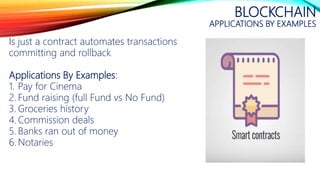 BLOCKCHAIN
APPLICATIONS BY EXAMPLES
Is just a contract automates transactions
committing and rollback.
Applications By Examples:
1. Pay for Cinema
2. Fund raising (full Fund vs No Fund)
3. Groceries history
4. Commission deals
5. Banks ran out of money
6. Notaries
 