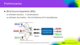 #RSAC
Preliminaries
Blind Source Separation (BSS)
unknown sources：n conversations
unknown mix matrix：the mix features of m microphones
source from http://http://slsp.kaist.ac.kr/xe/?mid=BSS
 