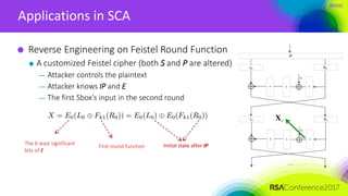 #RSAC
Applications in SCA
Reverse Engineering on Feistel Round Function
A customized Feistel cipher (both S and P are altered)
— Attacker controls the plaintext
— Attacker knows IP and E
— The first Sbox’s input in the second round
The 6 least significant
bits of E
First round function Initial state after IP
L0 R0
IP
E
SP

L1 R1
E
SP

K1
K2
……
rX
 