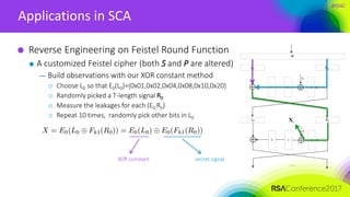 #RSAC
Applications in SCA
Reverse Engineering on Feistel Round Function
A customized Feistel cipher (both S and P are altered)
— Build observations with our XOR constant method
 Choose L0 so that E0(L0)={0x01,0x02,0x04,0x08,0x10,0x20}
 Randomly picked a T-length signal R0
 Measure the leakages for each (E0,R0)
 Repeat 10 times, randomly pick other bits in L0
XOR constant secret signal
L0 R0
IP
E
SP

L1 R1
E
SP

K1
K2
……
rX
 