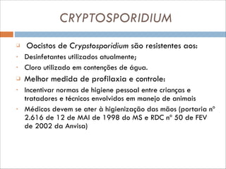 CRYPTOSPORIDIUM
❑

Oocistos de Crypstosporidium são resistentes aos:

•

Desinfetantes utilizados atualmente;
Cloro utilizado em contenções de água.

❑

Melhor medida de profilaxia e controle:

•

Incentivar normas de higiene pessoal entre crianças e
tratadores e técnicos envolvidos em manejo de animais
Médicos devem se ater à higienização das mãos (portaria nº
2.616 de 12 de MAI de 1998 do MS e RDC nº 50 de FEV
de 2002 da Anvisa)

•

•

 