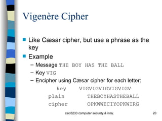 Vigenère Cipher Like Cæsar cipher, but use a phrase as the key Example Message  THE BOY HAS THE BALL Key  VIG Encipher using Cæsar cipher for each letter: key  VIGVIGVIGVIGVIGV plain  THEBOYHASTHEBALL cipher  OPKWWECIYOPKWIRG 