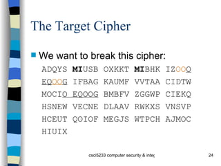 The Target Cipher We want to break this cipher: ADQYS  MI USB OXKKT  MI BHK IZ OO O EQ OO G  IFBAG KAUMF VVTAA CIDTW MOCI O EQOOG  BMBFV ZGGWP CIEKQ HSNEW VECNE DLAAV RWKXS VNSVP HCEUT QOIOF MEGJS WTPCH AJMOC HIUIX 