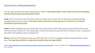 Cryptocurrency Trading Demographics
The US, Japan, and China are major cryptocurrency markets. The average trader is male in their 20s and 30s, with females
and other extreme age groups entering the market.
Huobi: 70% of customers come from China, a lot from Japan, but not much from US. About 50% are 30-50, while the
average Chinese investor is 20-30. “The male to female customers 4 months ago was 4:1. Now it’s 3.3:1. So female
involvement is growing very fast”.
Kraken: Kraken exchange users are mostly male, with a recent influx in both really young (18 years old with little money)
and those around 70 years old. The average age in mid-30s more and tech-savvy with a bit of money to invest. “Lately we’ve
seen both of the extremes, teens and people 70+.”
Binance: “We are 270th globally on Alexa, and 70th in the USA. The US is our biggest market, average age 25-35, mostly
men.” The ones that are still not in crypto are the midlife crises ones, ages 50-60s.
Source: http://sneakyfalcon.com/insights-inside-biggest-cryptocurrency-exchanges/ - based on insights from the Blockchain Connect Conference in
San Francisco.
 
