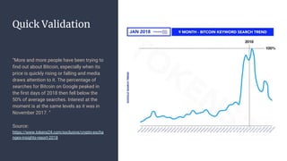 Quick Validation
“More and more people have been trying to
find out about Bitcoin, especially when its
price is quickly rising or falling and media
draws attention to it. The percentage of
searches for Bitcoin on Google peaked in
the first days of 2018 then fell below the
50% of average searches. Interest at the
moment is at the same levels as it was in
November 2017. “
Source:
https://www.tokens24.com/exclusive/crypto-excha
nges-insights-report-2018
 