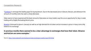 Competition Research
“Coinbase is amongst the leading apps for buying bitcoin. Due to the decreased price in bitcoin, litecoin, and ethereum the
amount of monthly visits has seen a sharp decrease.
Gdax seems to have experienced the least amount of decrease as many traders say this as an opportunity for day or week
trading with a highly fluctuating bitcoin price.
Binance continued to grow in January as well as an high demand for its token and an increase in price in many coins only
listed on its exchange.
In previous months there seemed to be a clear advantage to exchanges that have their token. Binance
and KuCoin are some examples.”
Source: https://www.tokens24.com/exclusive/crypto-exchanges-insights-report-2018-feb
 