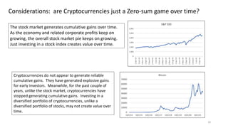18
Considerations: are Cryptocurrencies just a Zero-sum game over time?
The stock market generates cumulative gains over time.
As the economy and related corporate profits keep on
growing, the overall stock market pie keeps on growing.
Just investing in a stock index creates value over time.
Cryptocurrencies do not appear to generate reliable
cumulative gains. They have generated explosive gains
for early investors. Meanwhile, for the past couple of
years, unlike the stock market, cryptocurrencies have
stopped generating cumulative gains. Investing in a
diversified portfolio of cryptocurrencies, unlike a
diversified portfolio of stocks, may not create value over
time.
 