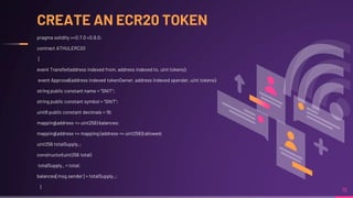 CREATE AN ECR20 TOKEN
19
pragma solidity >=0.7.0 <0.9.0;
contract ATHULERC20
{
event Transfer(address indexed from, address indexed to, uint tokens);
event Approval(address indexed tokenOwner, address indexed spender, uint tokens);
string public constant name = "SNIT";
string public constant symbol = "SNIT";
uint8 public constant decimals = 18;
mapping(address => uint256) balances;
mapping(address => mapping (address => uint256)) allowed;
uint256 totalSupply_;
constructor(uint256 total)
totalSupply_ = total;
balances[msg.sender] = totalSupply_;
}
 