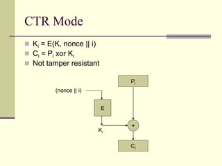 CTR Mode
 Ki = E(K, nonce || i)
 Ci = Pi xor Ki
 Not tamper resistant
E
Pi
+
Ci
Ki
(nonce || i)
 
