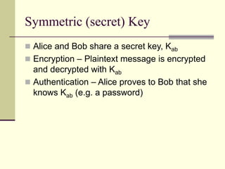 Symmetric (secret) Key
 Alice and Bob share a secret key, Kab
 Encryption – Plaintext message is encrypted
and decrypted with Kab
 Authentication – Alice proves to Bob that she
knows Kab (e.g. a password)
 