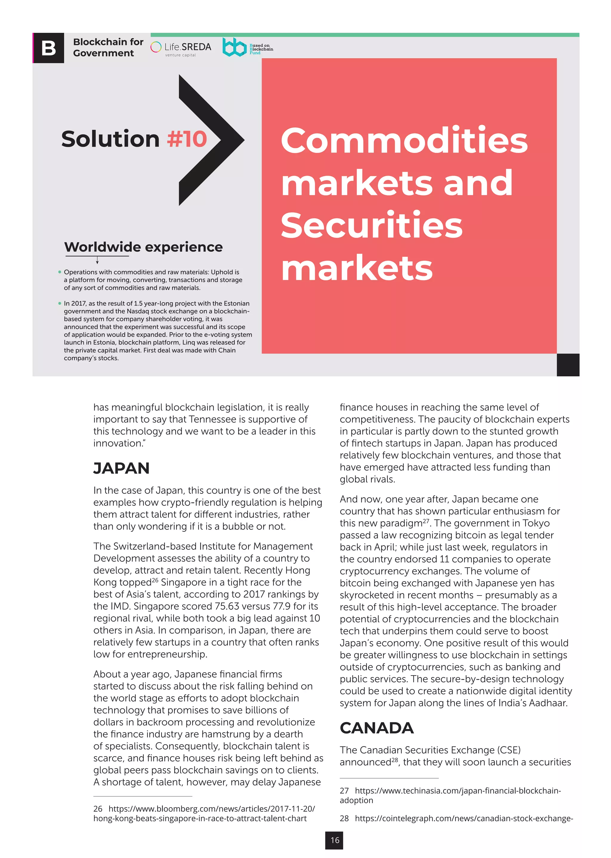 16
has meaningful blockchain legislation, it is really
important to say that Tennessee is supportive of
this technology and we want to be a leader in this
innovation.”
JAPAN
In the case of Japan, this country is one of the best
examples how crypto-friendly regulation is helping
them attract talent for different industries, rather
than only wondering if it is a bubble or not.
The Switzerland-based Institute for Management
Development assesses the ability of a country to
develop, attract and retain talent. Recently Hong
Kong topped26
Singapore in a tight race for the
best of Asia’s talent, according to 2017 rankings by
the IMD. Singapore scored 75.63 versus 77.9 for its
regional rival, while both took a big lead against 10
others in Asia. In comparison, in Japan, there are
relatively few startups in a country that often ranks
low for entrepreneurship.
About a year ago, Japanese financial firms
started to discuss about the risk falling behind on
the world stage as efforts to adopt blockchain
technology that promises to save billions of
dollars in backroom processing and revolutionize
the finance industry are hamstrung by a dearth
of specialists. Consequently, blockchain talent is
scarce, and finance houses risk being left behind as
global peers pass blockchain savings on to clients.
A shortage of talent, however, may delay Japanese
26  https://www.bloomberg.com/news/articles/2017-11-20/
hong-kong-beats-singapore-in-race-to-attract-talent-chart
finance houses in reaching the same level of
competitiveness. The paucity of blockchain experts
in particular is partly down to the stunted growth
of fintech startups in Japan. Japan has produced
relatively few blockchain ventures, and those that
have emerged have attracted less funding than
global rivals.
And now, one year after, Japan became one
country that has shown particular enthusiasm for
this new paradigm27
. The government in Tokyo
passed a law recognizing bitcoin as legal tender
back in April; while just last week, regulators in
the country endorsed 11 companies to operate
cryptocurrency exchanges. The volume of
bitcoin being exchanged with Japanese yen has
skyrocketed in recent months – presumably as a
result of this high-level acceptance. The broader
potential of cryptocurrencies and the blockchain
tech that underpins them could serve to boost
Japan’s economy. One positive result of this would
be greater willingness to use blockchain in settings
outside of cryptocurrencies, such as banking and
public services. The secure-by-design technology
could be used to create a nationwide digital identity
system for Japan along the lines of India’s Aadhaar.
CANADA
The Canadian Securities Exchange (CSE)
announced28
, that they will soon launch a securities
27  https://www.techinasia.com/japan-financial-blockchain-
adoption
28  https://cointelegraph.com/news/canadian-stock-exchange-
Blockchain for
Government
Commodities
markets and
Securities
markets
Worldwide experience
Solution #10
Operations with commodities and raw materials: Uphold is
a platform for moving, converting, transactions and storage
of any sort of commodities and raw materials.
In 2017, as the result of 1.5 year-long project with the Estonian
government and the Nasdaq stock exchange on a blockchain-
based system for company shareholder voting, it was
announced that the experiment was successful and its scope
of application would be expanded. Prior to the e-voting system
launch in Estonia, blockchain platform, Linq was released for
the private capital market. First deal was made with Chain
company’s stocks.
 