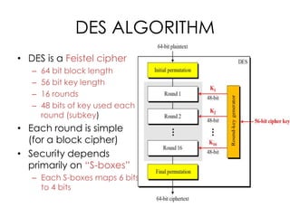 DES ALGORITHM
• DES is a Feistel cipher
   –   64 bit block length
   –   56 bit key length
   –   16 rounds
   –   48 bits of key used each
       round (subkey)
• Each round is simple
  (for a block cipher)
• Security depends
  primarily on “S-boxes”
   – Each S-boxes maps 6 bits
     to 4 bits
 